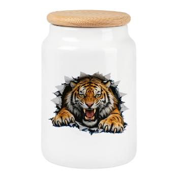 Tiger Breakthrough on clothing - Cookie Jar with Wooden Lid - white - Front