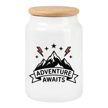 Berge Adventure Awaits Wappen - Keksdose mit Holzdeckel - Weiß - Vorne