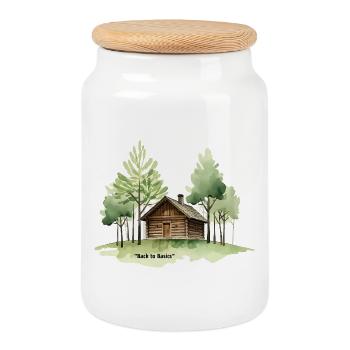 Zurück zu den Basics: Hütte im Wald - Keksdose mit Holzdeckel - Weiß - Vorne