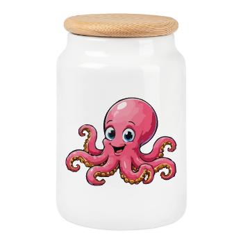 Cuddly Pink Octopus Cartoon - Cookie Jar with Wooden Lid - white - Front