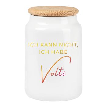 Voltigieren Training: Lustiger Volti Spruch - Keksdose mit Holzdeckel - Weiß - Vorne