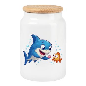 Le requin pèlerin bleu rencontre le poisson rouge - Boîte à biscuits avec couvercle en bois - blanc - Devant