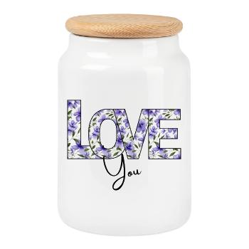 Flowers LOVE font motif - Cookie Jar with Wooden Lid - white - Front
