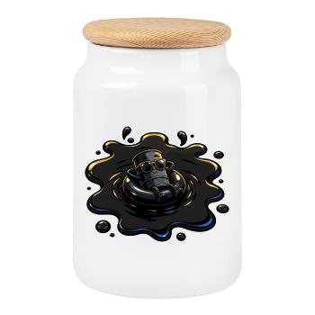 Oil barrel with sunglasses in oil puddle - Cookie Jar with Wooden Lid - white - Front