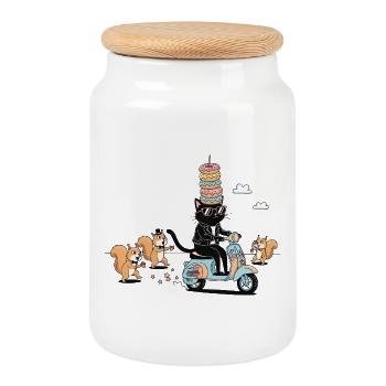 Donut Crown Cat Scooter Funny Cat Motif - Cookie Jar with Wooden Lid - white - Front