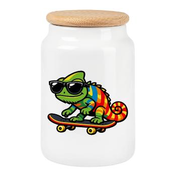 Rainbow Chameleon Skateboard - Cookie Jar with Wooden Lid - white - Front