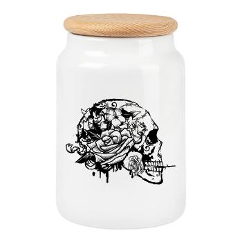 Skull mit Rose - Keksdose mit Holzdeckel - Weiß - Vorne