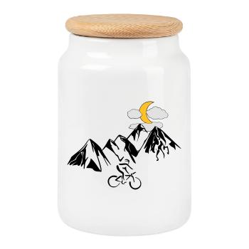 Mountain bikers with mountains - Cookie Jar with Wooden Lid - white - Front