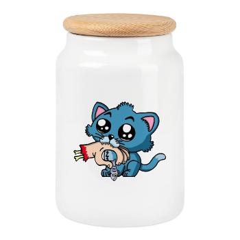 Chaton qui a faim - Boîte à biscuits avec couvercle en bois - blanc - Devant