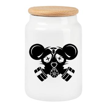 Un masque à gaz avec de grandes oreilles de souris - Boîte à biscuits avec couvercle en bois - blanc - Devant