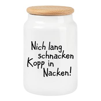 Nich lang schnacken Kopp in Nacken! - Keksdose mit Holzdeckel - Weiß - Vorne