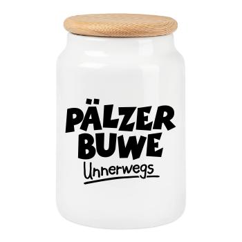 Pälzer Buwe Unnerwegs - Pfälzer Männer auf Tour - Keksdose mit Holzdeckel - Weiß - Vorne