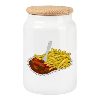 Currywurst mit Pommes - Keksdose mit Holzdeckel - Weiß - Vorne