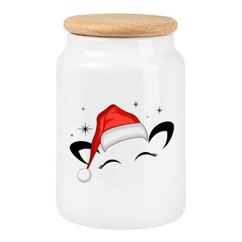 Chat Père Noël Chapeau Étoiles Scintillantes - Boîte à biscuits avec couvercle en bois - blanc - Devant