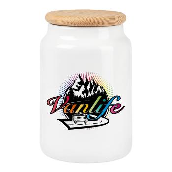 Campers on the road with colorful Van Life typography - Cookie Jar with Wooden Lid - white - Front