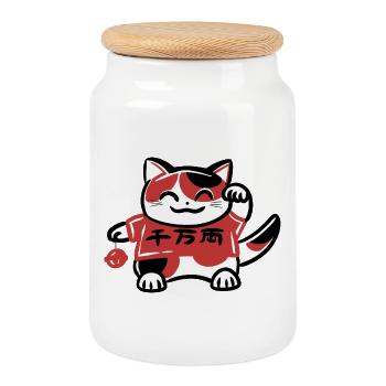 Japanische Glückskatze Maneki Neko - Keksdose mit Holzdeckel - Weiß - Vorne