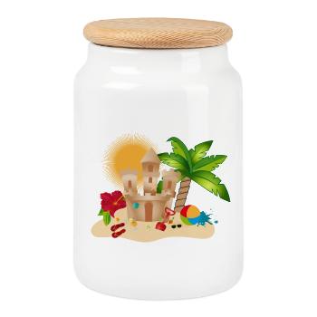 A sand castle on the beach awakens holiday feelings - Cookie Jar with Wooden Lid - white - Front