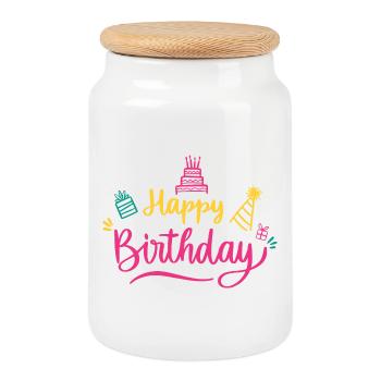 Happy Birthday Colorful Script - Cookie Jar with Wooden Lid - white - Front