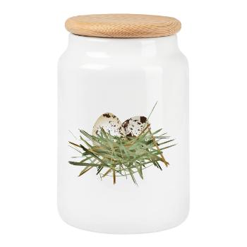 two quail eggs in the hay nest - Cookie Jar with Wooden Lid - white - Front