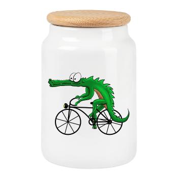 Crocodile avec vélo - Boîte à biscuits avec couvercle en bois - blanc - Devant