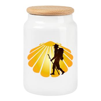 A pilgrim on a pilgrimage path with scallops - Cookie Jar with Wooden Lid - white - Front