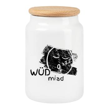 Wüd miad! Grinser, Dialekt-Design, Schlafshirt - Keksdose mit Holzdeckel - Weiß - Vorne