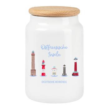 5 Ostfriesische Inseln, Deutsche Nordsee - Keksdose mit Holzdeckel - Weiß - Vorne