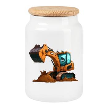 Large excavator - Cookie Jar with Wooden Lid - white - Front
