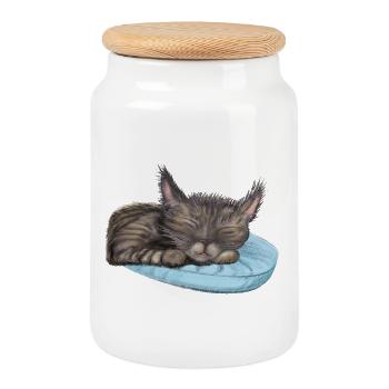 Sleeping Cat - Cookie Jar with Wooden Lid - white - Front