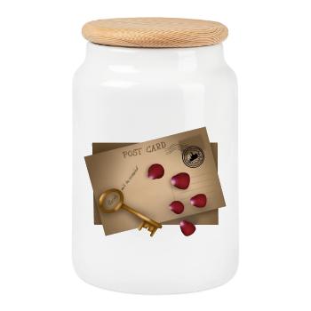 Post Card: Secrets will be released - Cookie Jar with Wooden Lid - white - Front