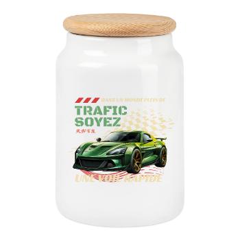 Voie Rapide Verte: Voiture Flamboyante - Boîte à biscuits avec couvercle en bois - blanc - Devant