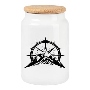 Compass With Mountain Silhouette - Cookie Jar with Wooden Lid - white - Front