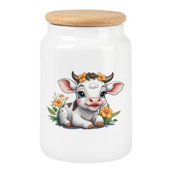 Niedliche Baby-Kuh Kalb auf Blumenwiese - Keksdose mit Holzdeckel - Weiß - Vorne