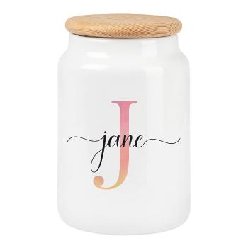 J | Monogram | Name | Jane |Watercolor - Cookie Jar with Wooden Lid - white - Front