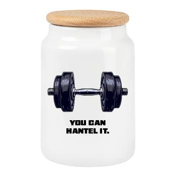 Haltère, Fitness, Motivation, Salle de sport, T-shirt - Boîte à biscuits avec couvercle en bois - blanc - Devant