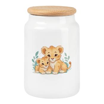 cuddling lion cubs - Cookie Jar with Wooden Lid - white - Front