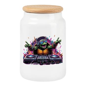 Turtle The DJ Music Gift - Cookie Jar with Wooden Lid - white - Front