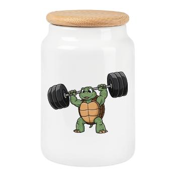Starke Schildkröte Fitness Hantel Workout Training - Keksdose mit Holzdeckel - Weiß - Vorne