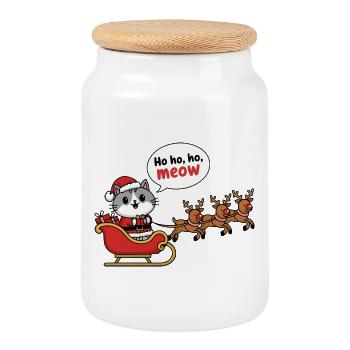 Festive Cat Santa Sleigh Design - Cookie Jar with Wooden Lid - white - Front