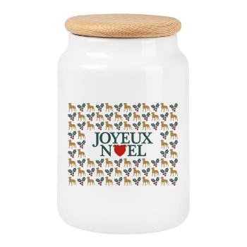 Joyeux Noël tête de cœur staffie et motif de houx - Boîte à biscuits avec couvercle en bois - blanc - Devant