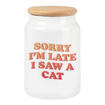 Sorry I'm Late – Funny Cat Statement - Cookie Jar with Wooden Lid - white - Front