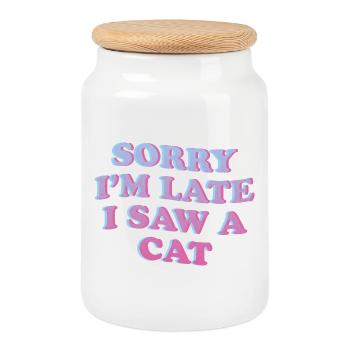 Sorry I'm Late – Cat Lover Saying - Cookie Jar with Wooden Lid - white - Front