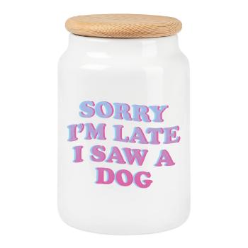 Sorry I'm Late – Funny Dog Statement - Cookie Jar with Wooden Lid - white - Front