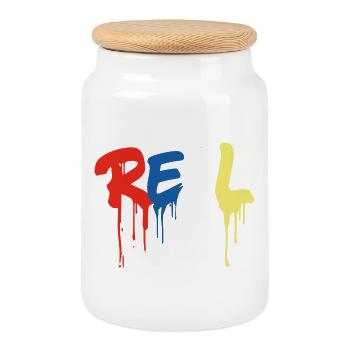 Graffiti-Style "REAL" - bunter tropfender Buchstabe - Keksdose mit Holzdeckel - Weiß - Vorne
