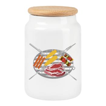 Motif BBQ – grille de gril avec steaks, brochettes et accessoires - Boîte à biscuits avec couvercle en bois - blanc - Devant