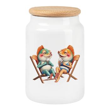 friendly fish friends on the beach - Cookie Jar with Wooden Lid - white - Front