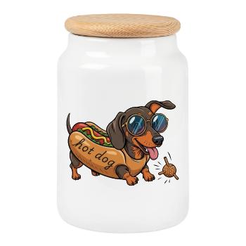 Jouer au teckel comme un hot-dog - Boîte à biscuits avec couvercle en bois - blanc - Devant