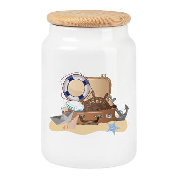 Maritime suitcase – nautical holiday design - Cookie Jar with Wooden Lid - white - Front