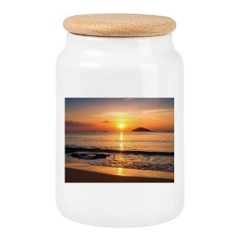 Tropical sunset on the beach - Cookie Jar with Wooden Lid - white - Front