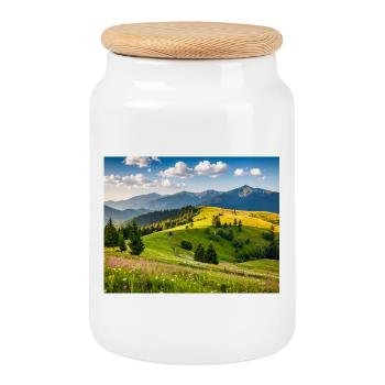 Bucolic landscape of mountains and meadows - Cookie Jar with Wooden Lid - white - Front